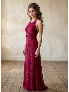 Vtg 90s Y2K Cache Beaded Embroidered Floral Dress Sz 6 Whimsigoth Fairy Prom